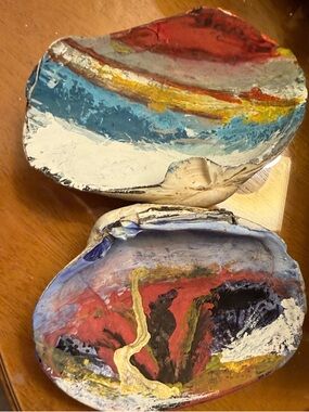 Hand Crafted Red, Blue, Yellow Abstract Painted Shell Pair